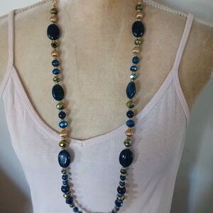 Sparkly NWT Jules B 34" Blue Beaded Long Necklace Gold Tone Faceted Beads